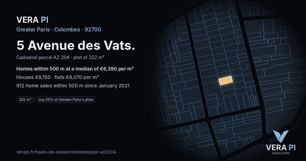 5 Avenue des Vats, Colombes at night – the plot lit, the parcels around coloured by the prices near them