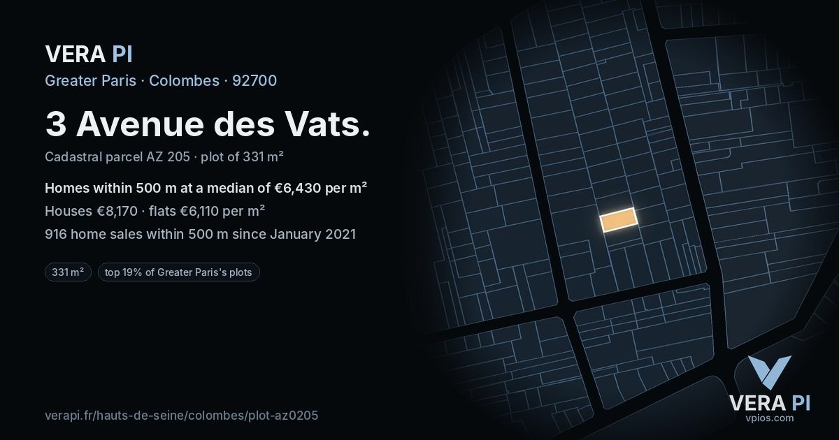 3 Avenue des Vats, Colombes at night – the plot lit, the parcels around coloured by the prices near them