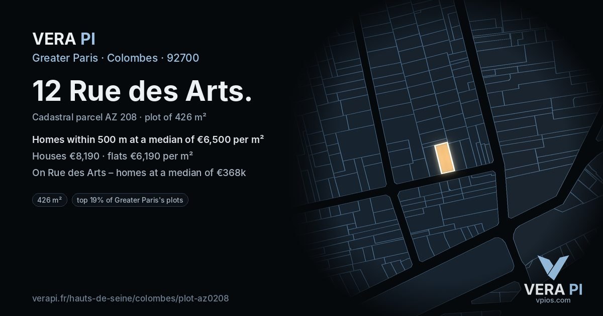 12 Rue des Arts, Colombes at night – the plot lit, the parcels around coloured by the prices near them