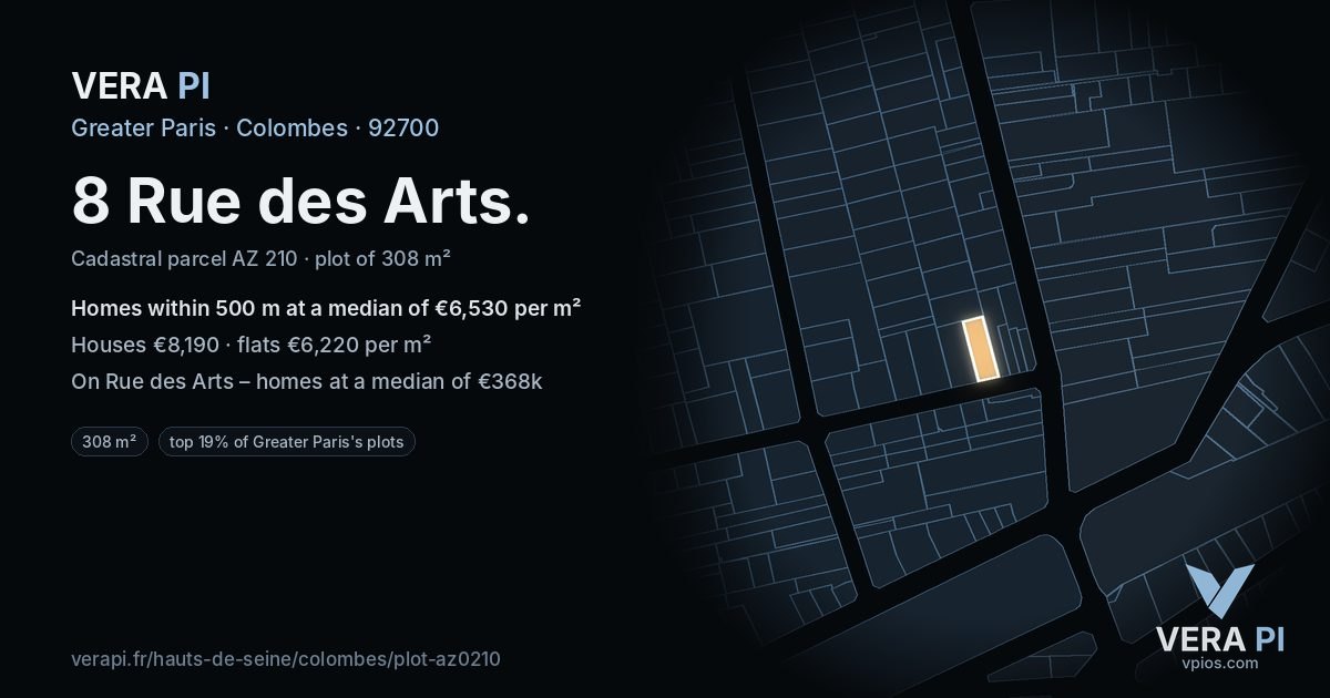 8 Rue des Arts, Colombes at night – the plot lit, the parcels around coloured by the prices near them