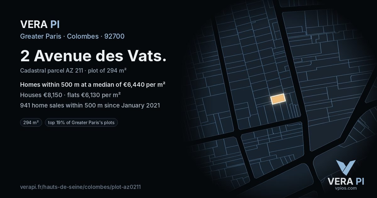 2 Avenue des Vats, Colombes at night – the plot lit, the parcels around coloured by the prices near them