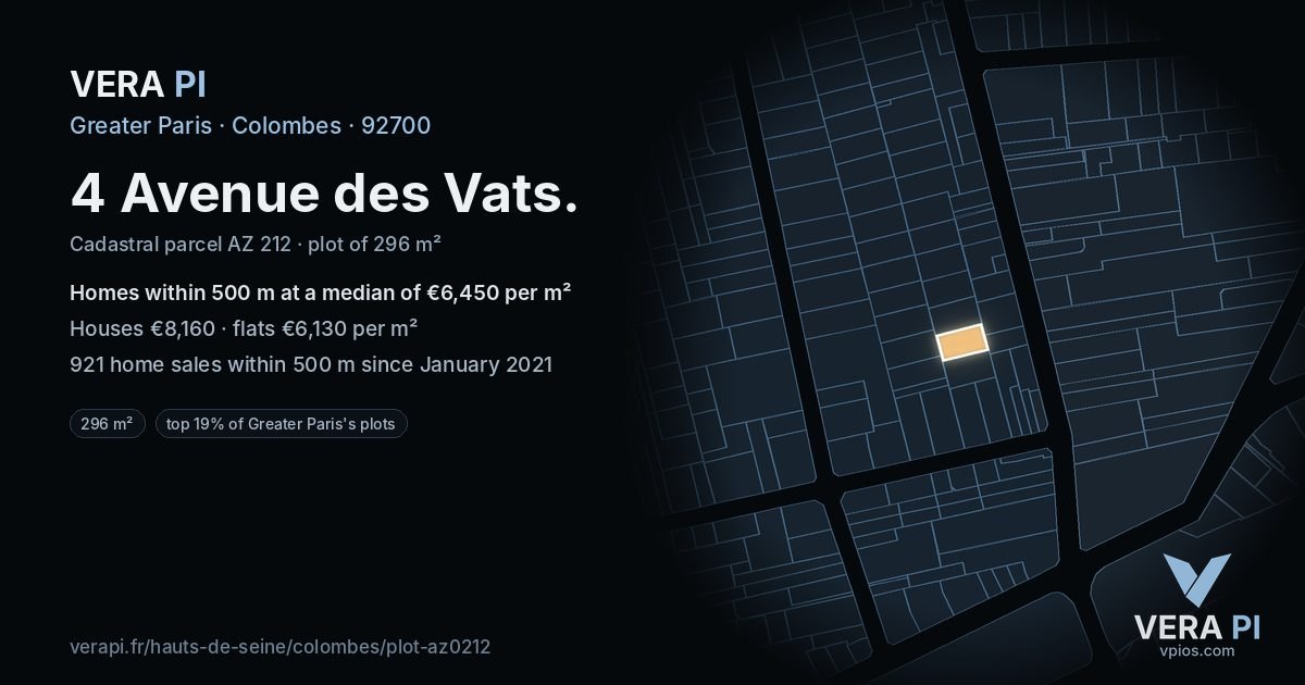 4 Avenue des Vats, Colombes at night – the plot lit, the parcels around coloured by the prices near them