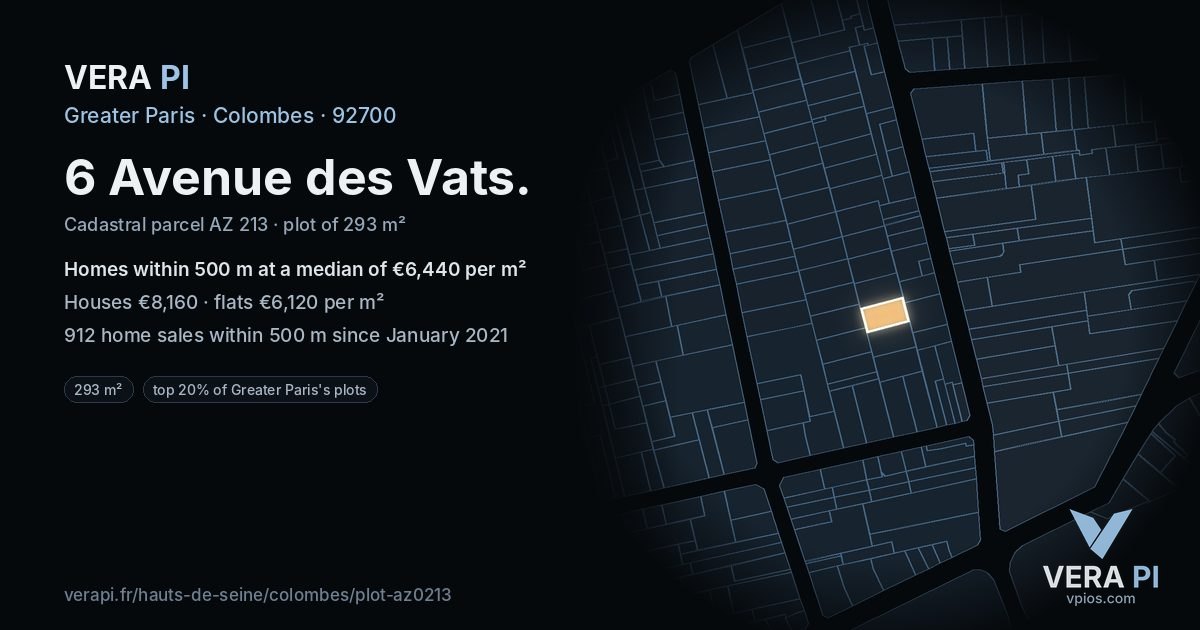 6 Avenue des Vats, Colombes at night – the plot lit, the parcels around coloured by the prices near them