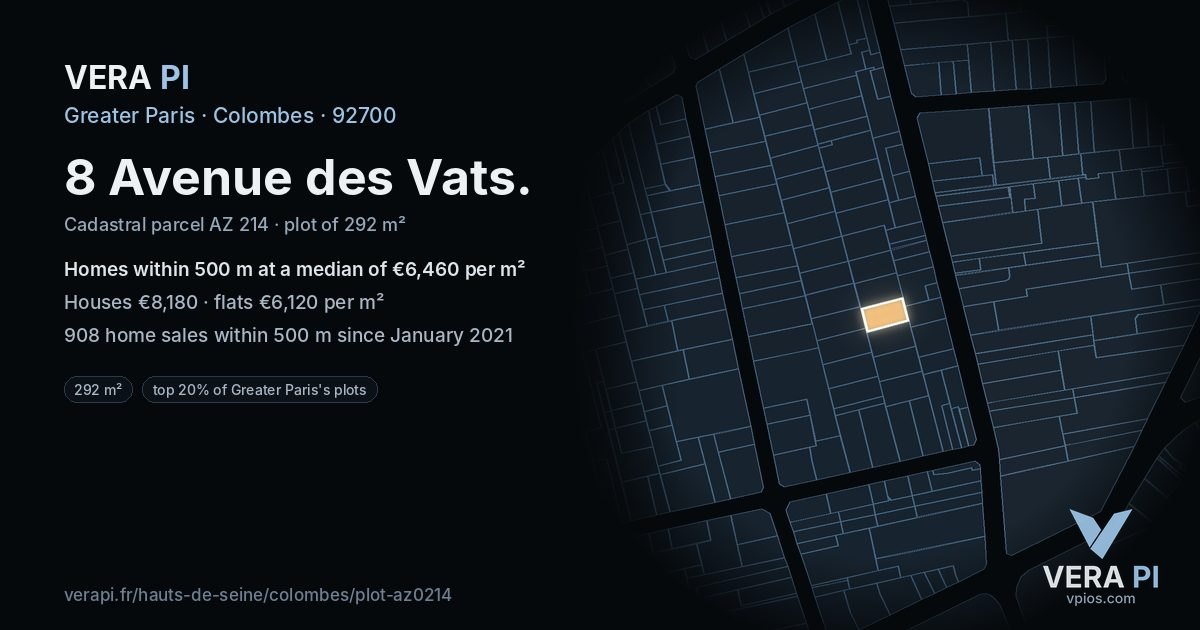 8 Avenue des Vats, Colombes at night – the plot lit, the parcels around coloured by the prices near them