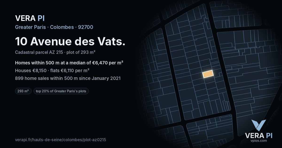 10 Avenue des Vats, Colombes at night – the plot lit, the parcels around coloured by the prices near them