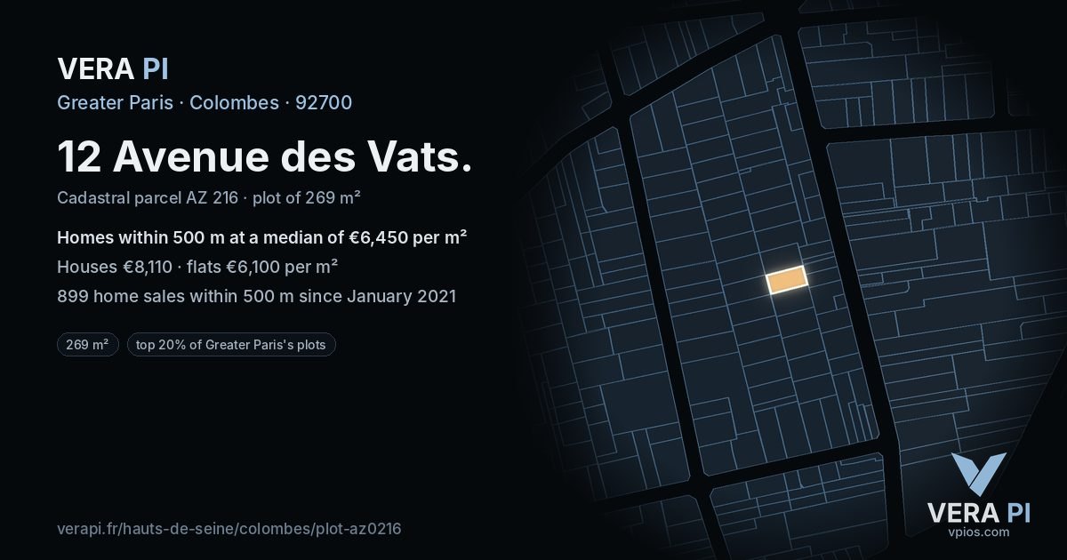 12 Avenue des Vats, Colombes at night – the plot lit, the parcels around coloured by the prices near them