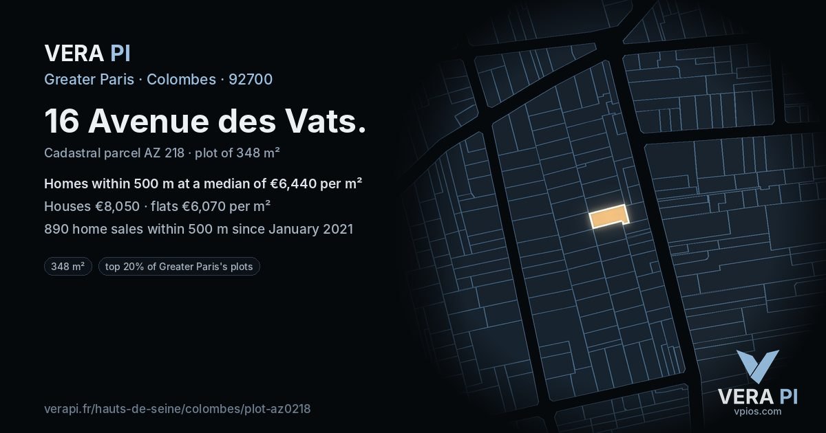 16 Avenue des Vats, Colombes at night – the plot lit, the parcels around coloured by the prices near them