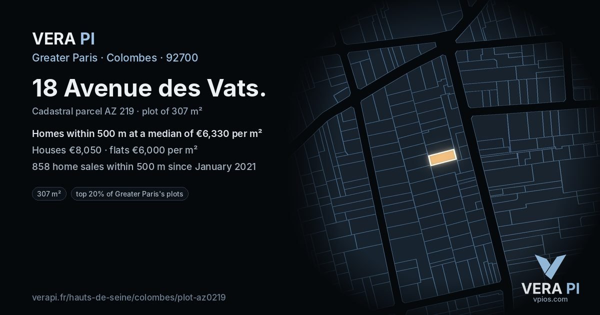 18 Avenue des Vats, Colombes at night – the plot lit, the parcels around coloured by the prices near them