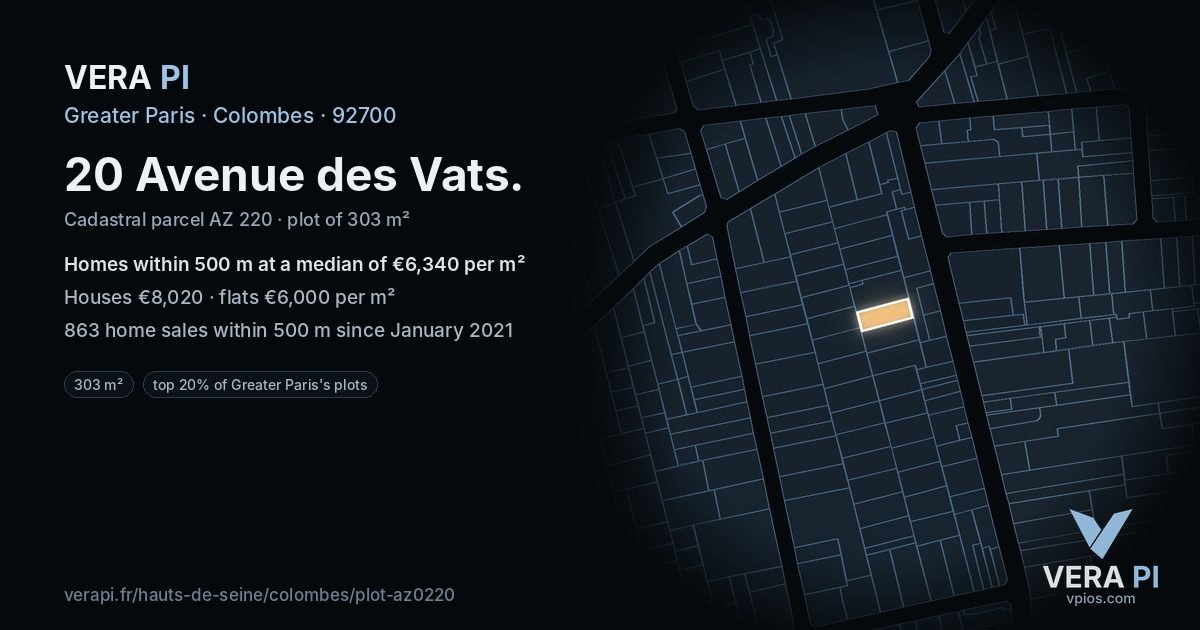 20 Avenue des Vats, Colombes at night – the plot lit, the parcels around coloured by the prices near them
