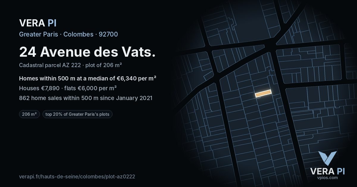 24 Avenue des Vats, Colombes at night – the plot lit, the parcels around coloured by the prices near them