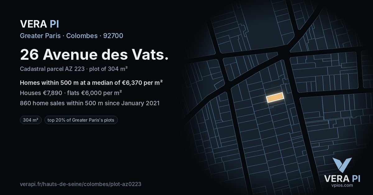 26 Avenue des Vats, Colombes at night – the plot lit, the parcels around coloured by the prices near them