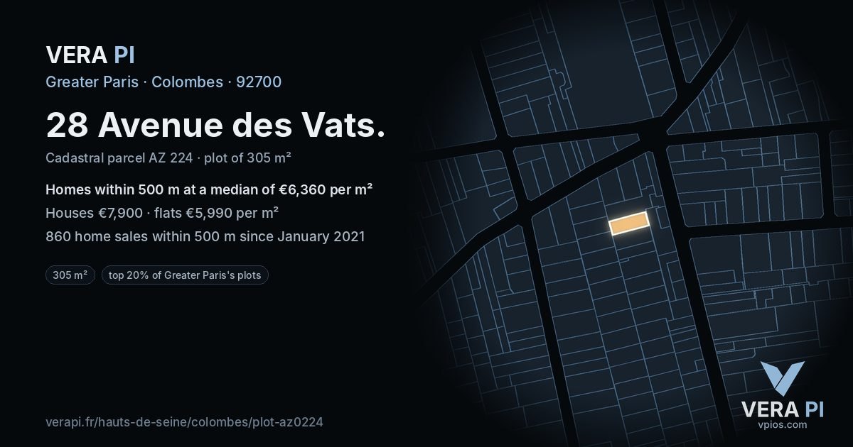 28 Avenue des Vats, Colombes at night – the plot lit, the parcels around coloured by the prices near them
