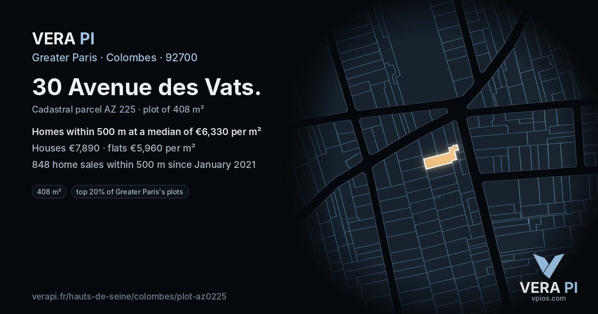 30 Avenue des Vats, Colombes at night – the plot lit, the parcels around coloured by the prices near them
