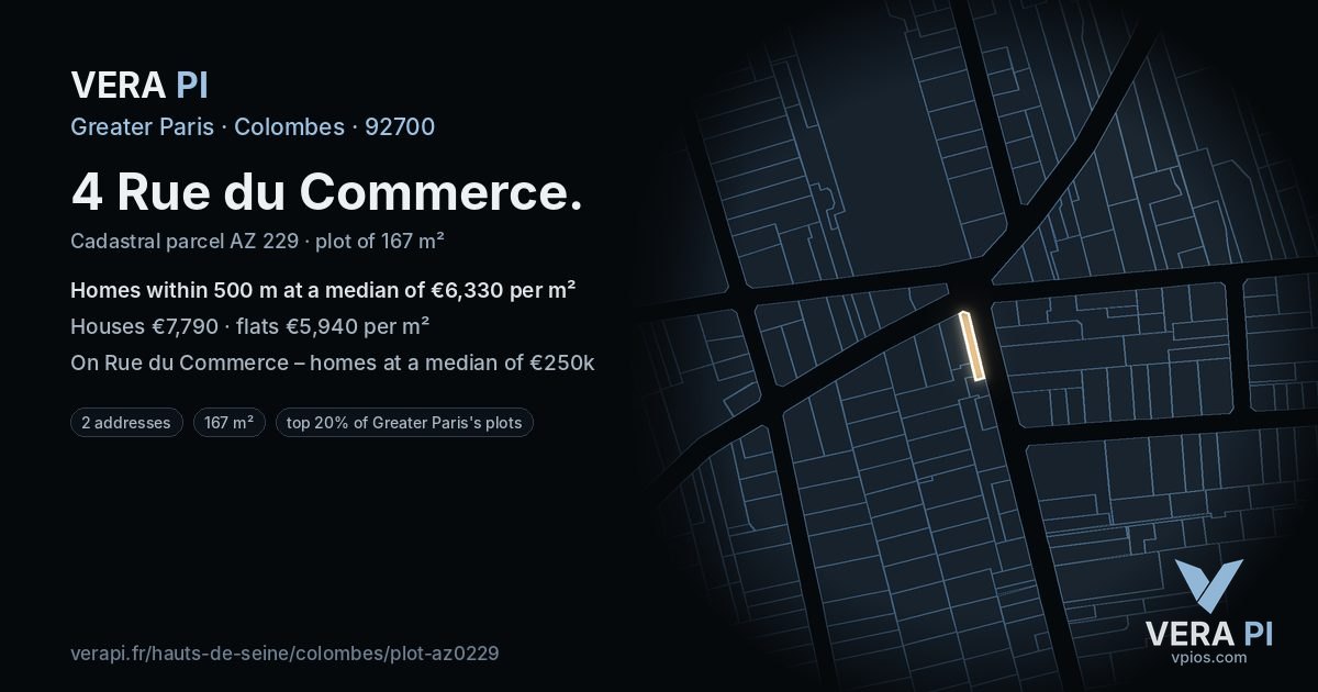 4 Rue du Commerce, Colombes at night – the plot lit, the parcels around coloured by the prices near them