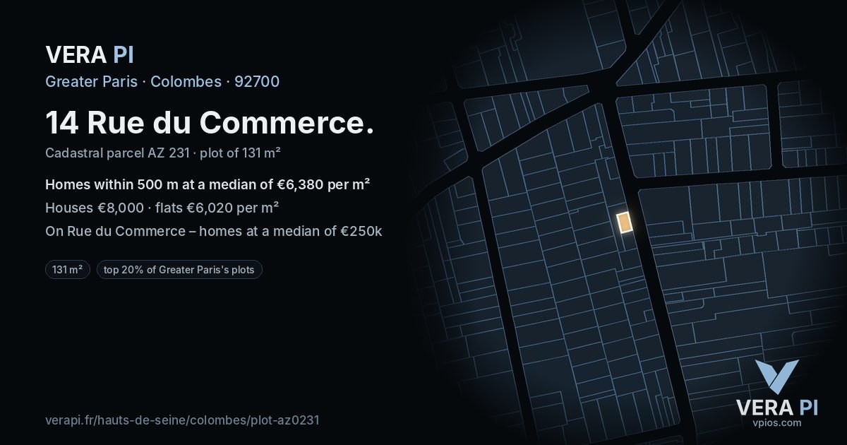 14 Rue du Commerce, Colombes at night – the plot lit, the parcels around coloured by the prices near them