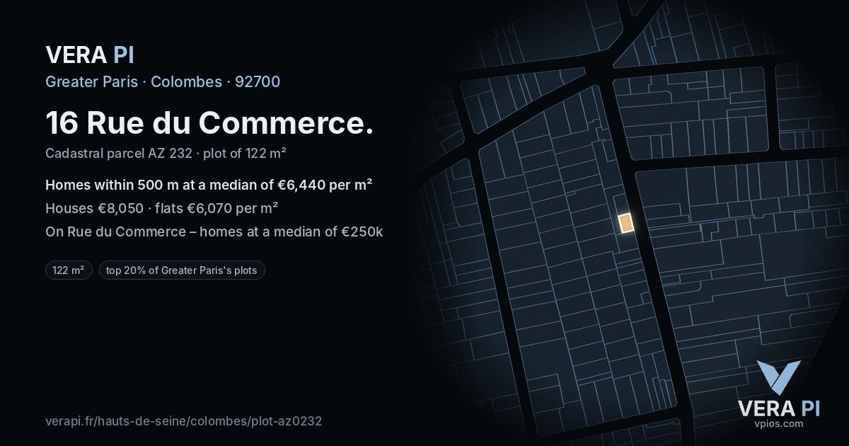 16 Rue du Commerce, Colombes at night – the plot lit, the parcels around coloured by the prices near them