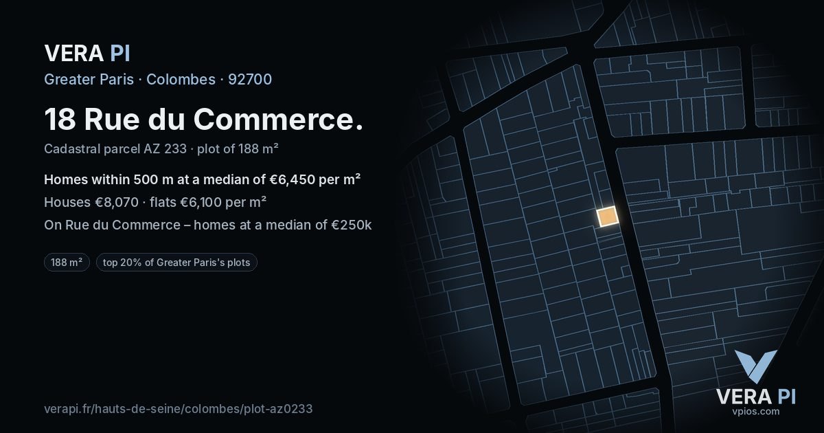 18 Rue du Commerce, Colombes at night – the plot lit, the parcels around coloured by the prices near them