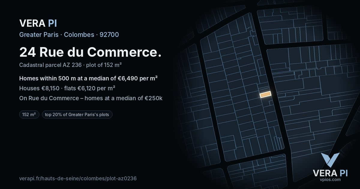 24 Rue du Commerce, Colombes at night – the plot lit, the parcels around coloured by the prices near them
