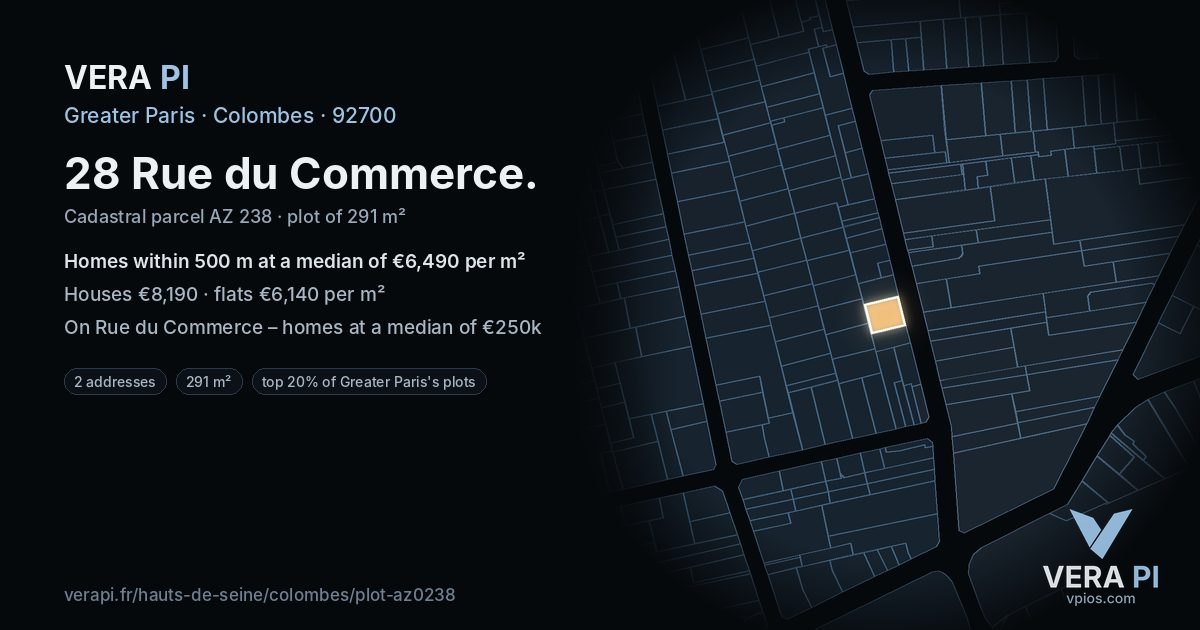 28 Rue du Commerce, Colombes at night – the plot lit, the parcels around coloured by the prices near them