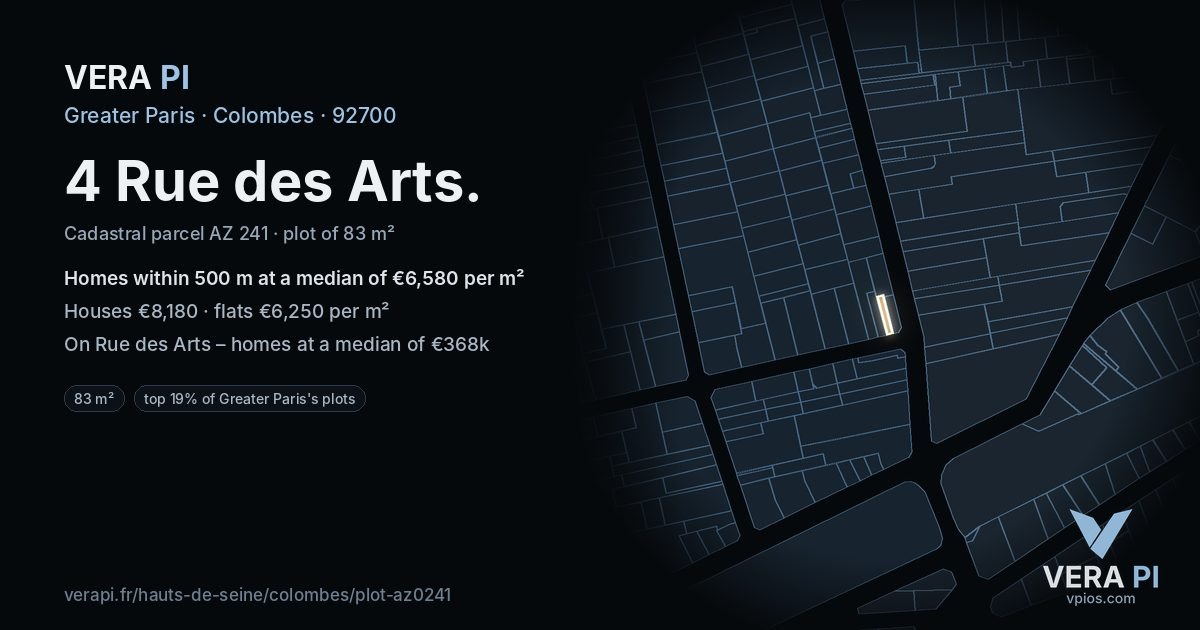4 Rue des Arts, Colombes at night – the plot lit, the parcels around coloured by the prices near them