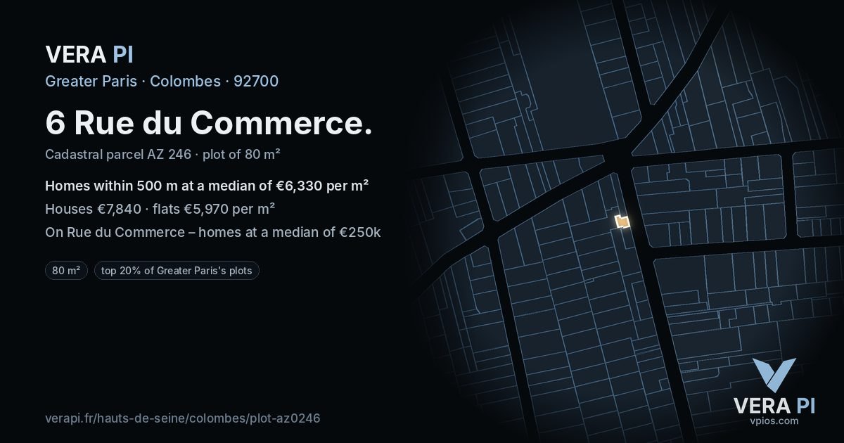 6 Rue du Commerce, Colombes at night – the plot lit, the parcels around coloured by the prices near them
