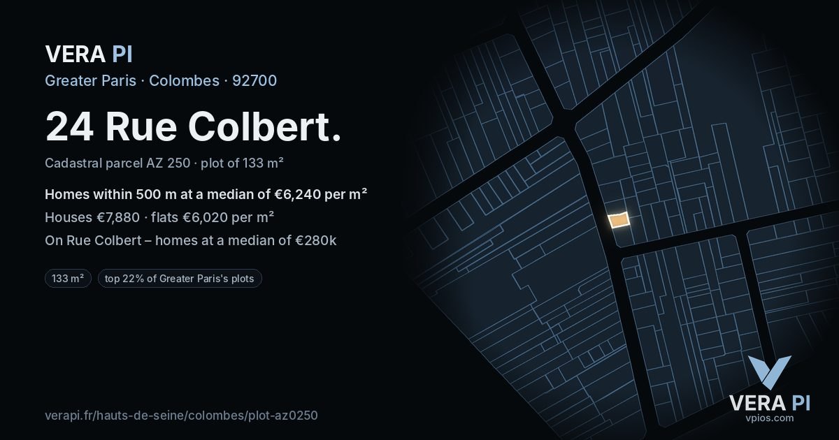 24 Rue Colbert, Colombes at night – the plot lit, the parcels around coloured by the prices near them