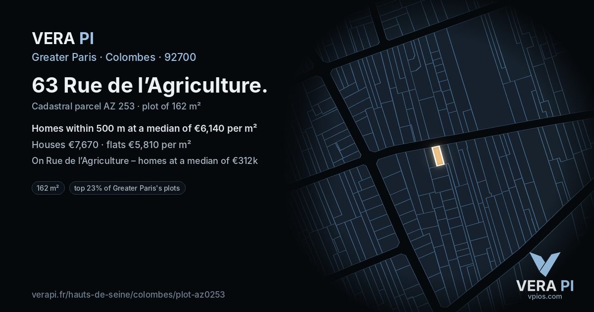 63 Rue de l’Agriculture, Colombes at night – the plot lit, the parcels around coloured by the prices near them