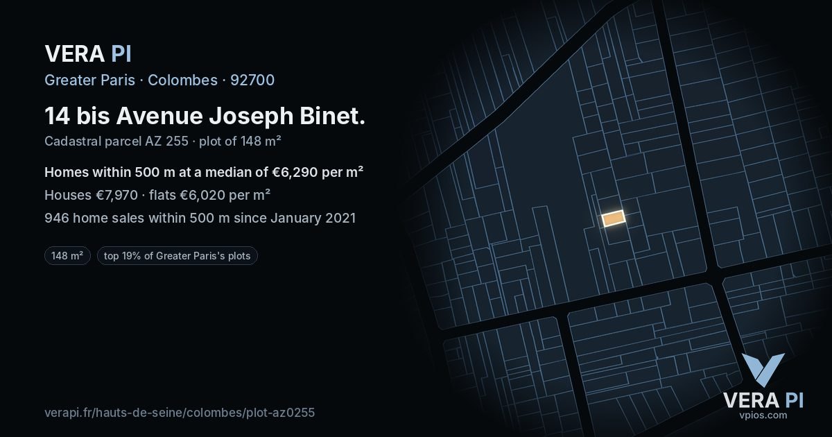 14 bis Avenue Joseph Binet, Colombes at night – the plot lit, the parcels around coloured by the prices near them