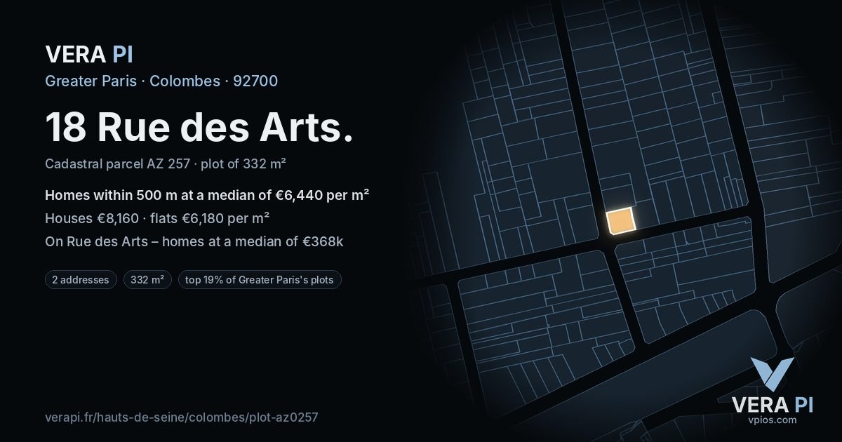 18 Rue des Arts, Colombes at night – the plot lit, the parcels around coloured by the prices near them