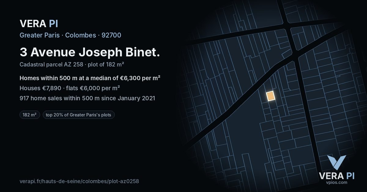 3 Avenue Joseph Binet, Colombes at night – the plot lit, the parcels around coloured by the prices near them
