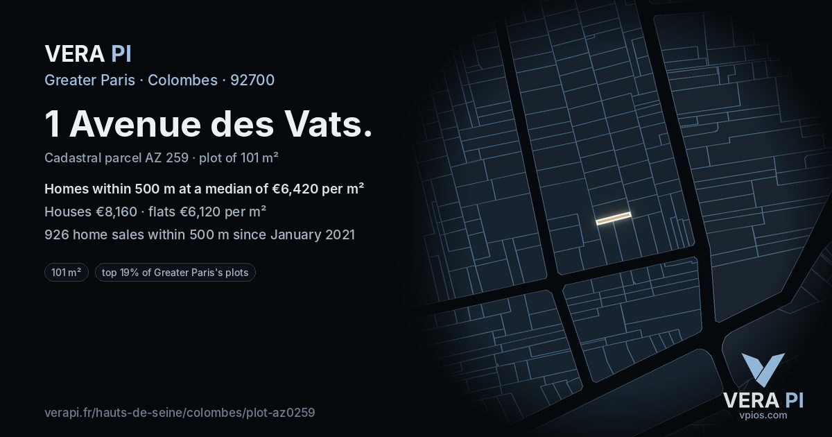 1 Avenue des Vats, Colombes at night – the plot lit, the parcels around coloured by the prices near them