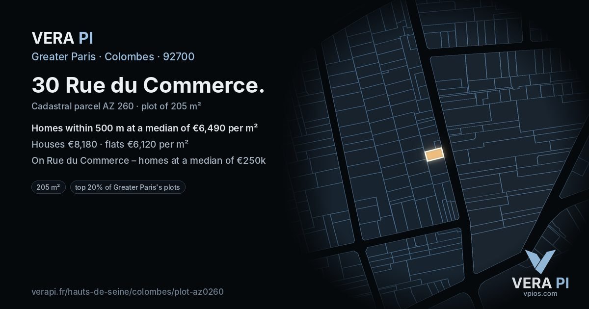 30 Rue du Commerce, Colombes at night – the plot lit, the parcels around coloured by the prices near them