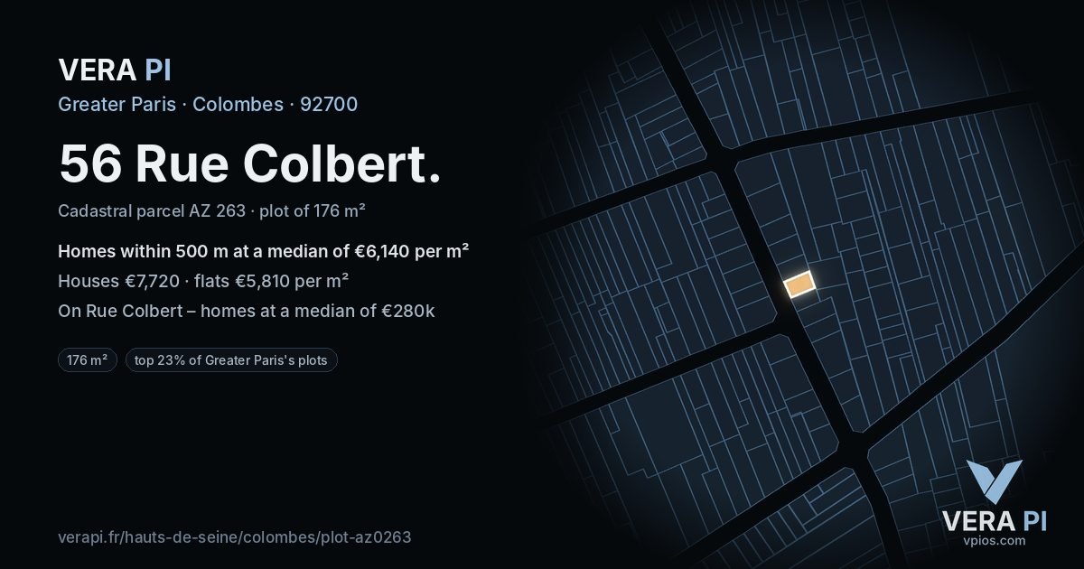 56 Rue Colbert, Colombes at night – the plot lit, the parcels around coloured by the prices near them