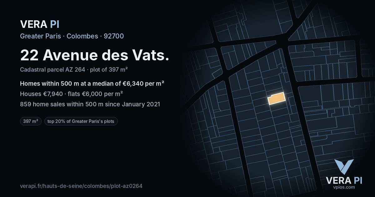 22 Avenue des Vats, Colombes at night – the plot lit, the parcels around coloured by the prices near them