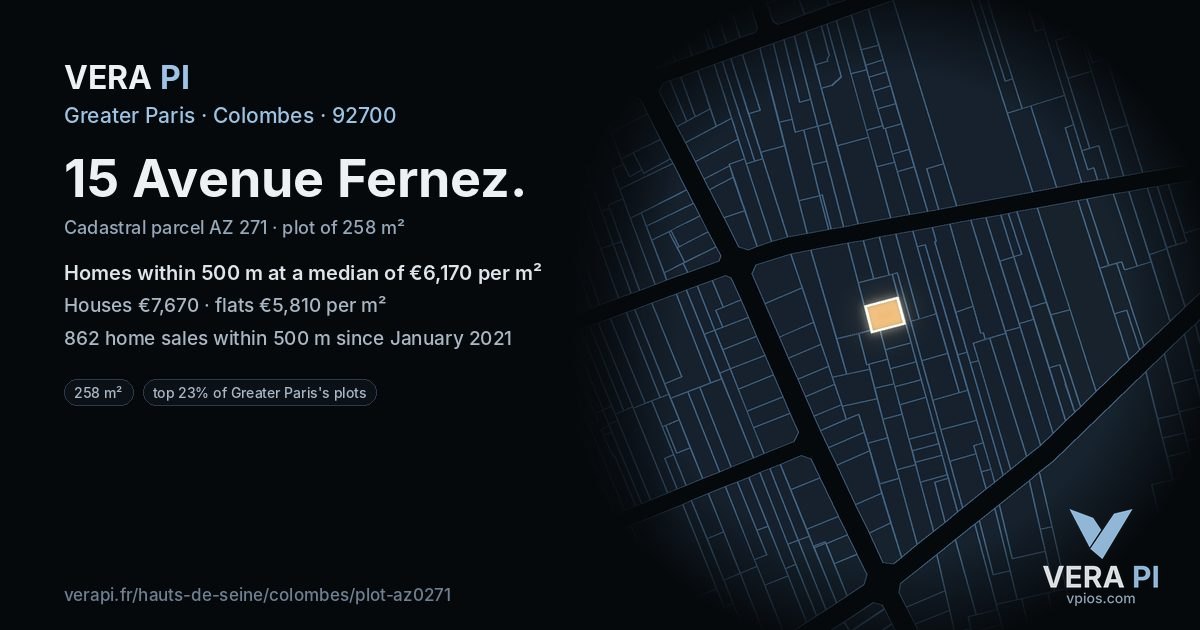 15 Avenue Fernez, Colombes at night – the plot lit, the parcels around coloured by the prices near them