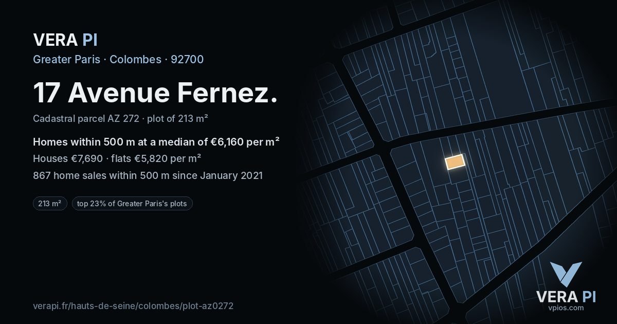 17 Avenue Fernez, Colombes at night – the plot lit, the parcels around coloured by the prices near them