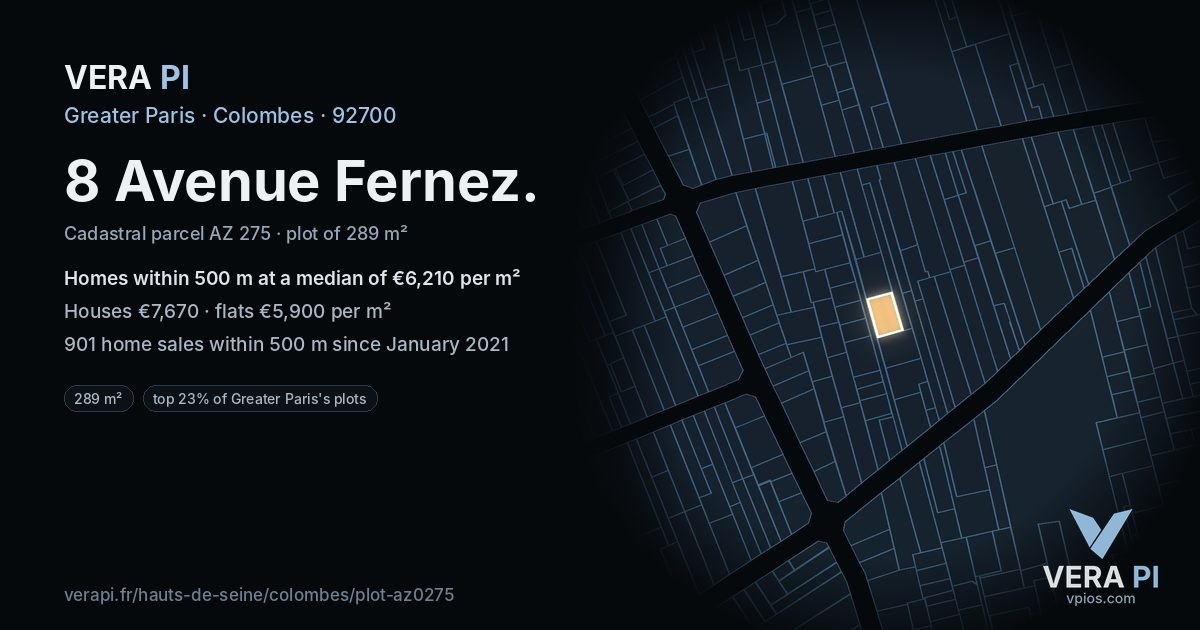 8 Avenue Fernez, Colombes at night – the plot lit, the parcels around coloured by the prices near them