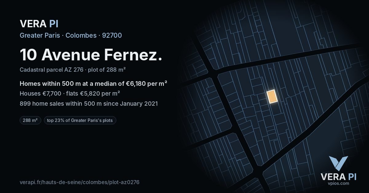 10 Avenue Fernez, Colombes at night – the plot lit, the parcels around coloured by the prices near them