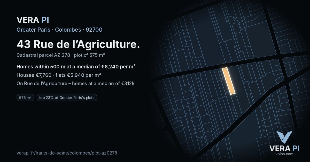 43 Rue de l’Agriculture, Colombes at night – the plot lit, the parcels around coloured by the prices near them