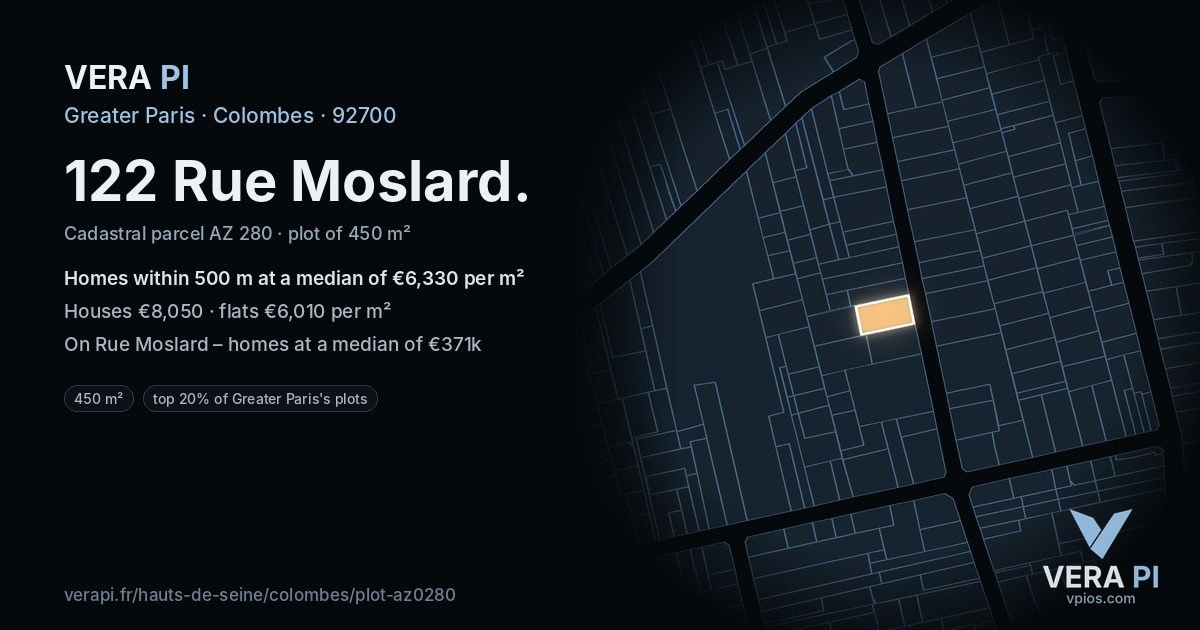 122 Rue Moslard, Colombes at night – the plot lit, the parcels around coloured by the prices near them