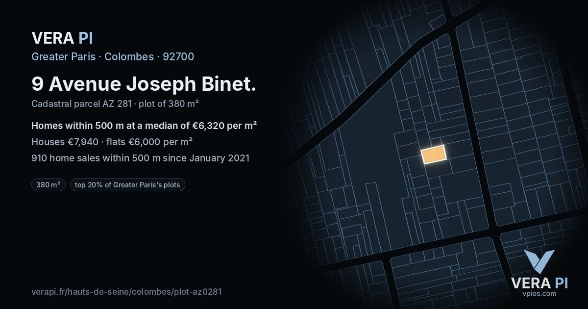 9 Avenue Joseph Binet, Colombes at night – the plot lit, the parcels around coloured by the prices near them