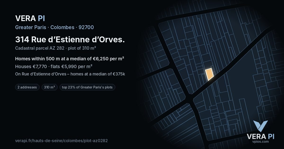 314 Rue d’Estienne d’Orves, Colombes at night – the plot lit, the parcels around coloured by the prices near them