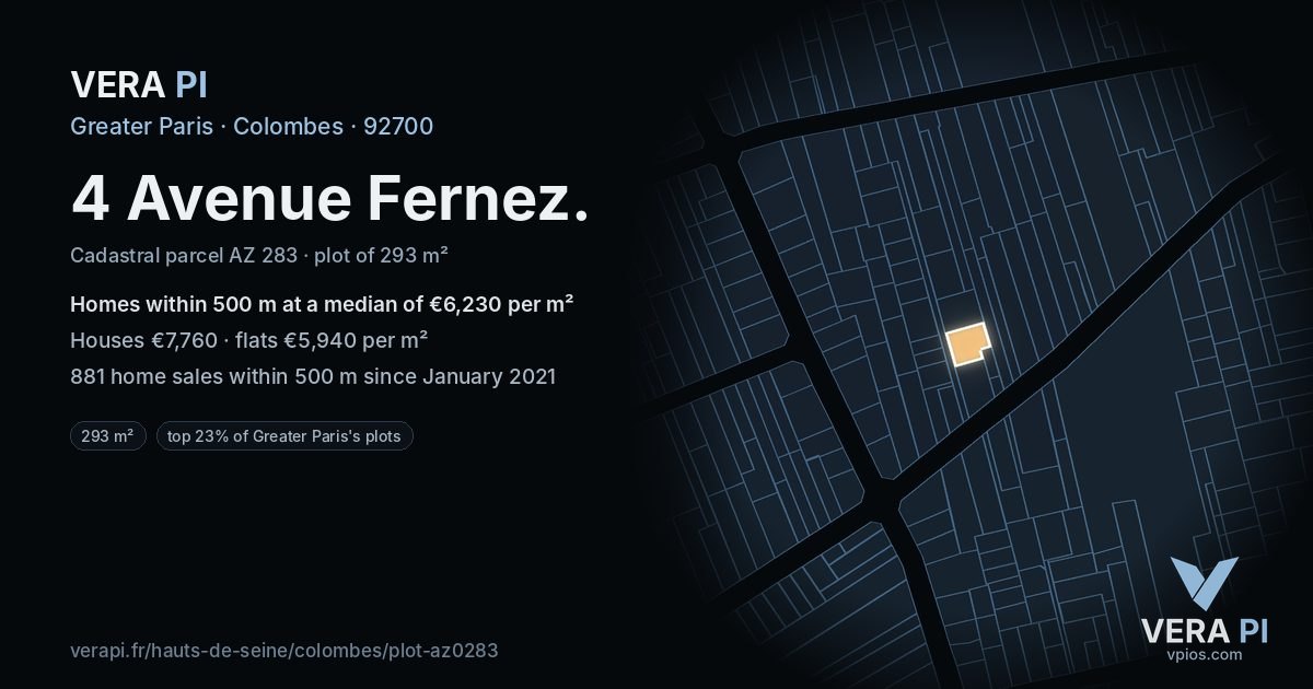4 Avenue Fernez, Colombes at night – the plot lit, the parcels around coloured by the prices near them