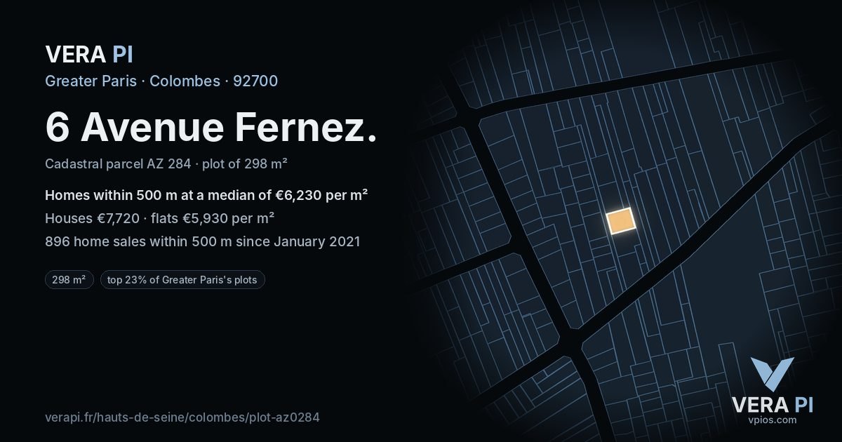 6 Avenue Fernez, Colombes at night – the plot lit, the parcels around coloured by the prices near them