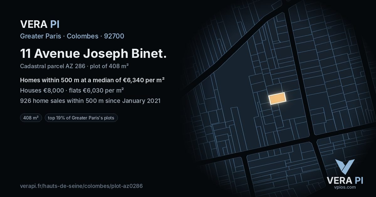 11 Avenue Joseph Binet, Colombes at night – the plot lit, the parcels around coloured by the prices near them