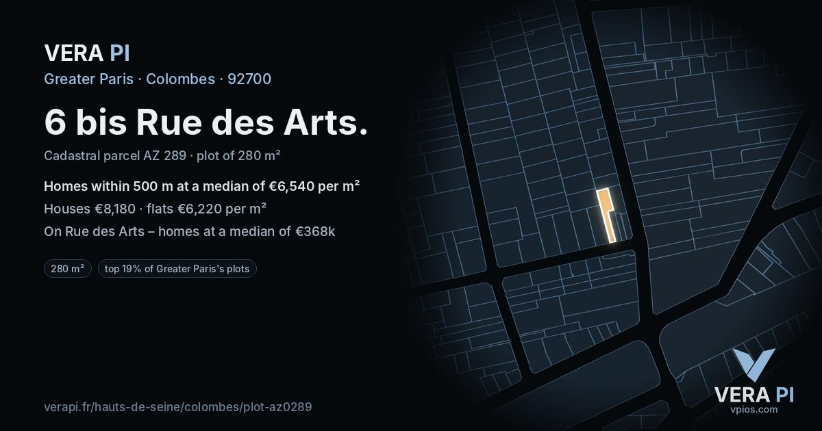6 bis Rue des Arts, Colombes at night – the plot lit, the parcels around coloured by the prices near them