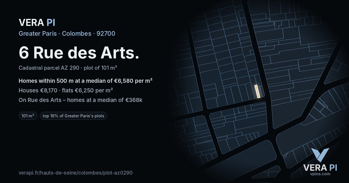 6 Rue des Arts, Colombes at night – the plot lit, the parcels around coloured by the prices near them