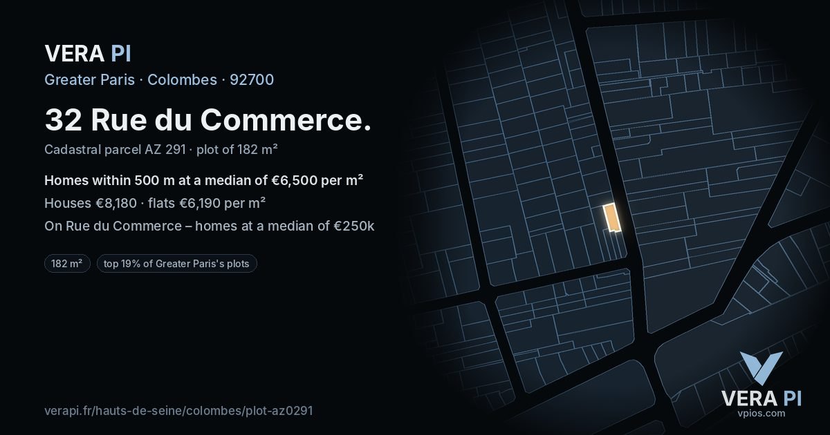 32 Rue du Commerce, Colombes at night – the plot lit, the parcels around coloured by the prices near them