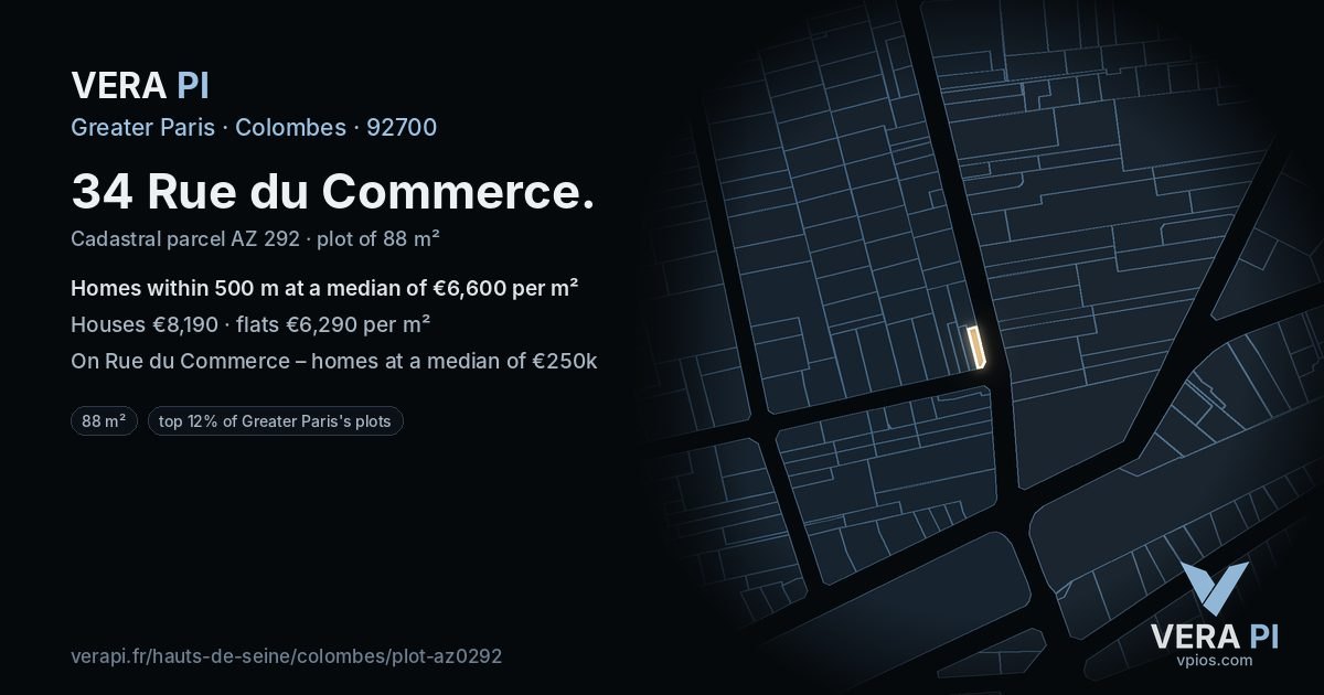34 Rue du Commerce, Colombes at night – the plot lit, the parcels around coloured by the prices near them