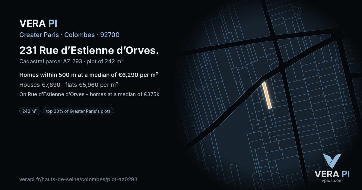 231 Rue d’Estienne d’Orves, Colombes at night – the plot lit, the parcels around coloured by the prices near them